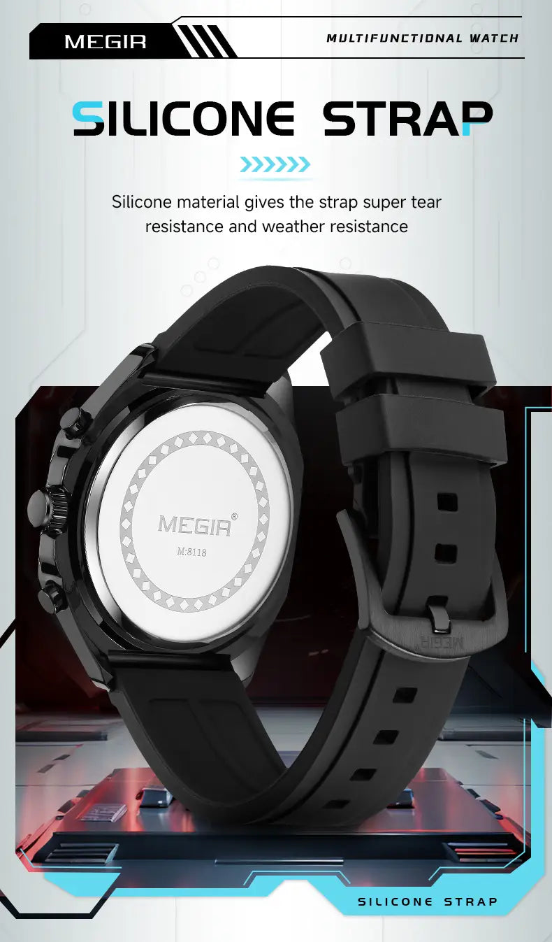 Black silicone strap for Megir sport chronograph watch featuring durable and weather-resistant material with a sleek modern design
