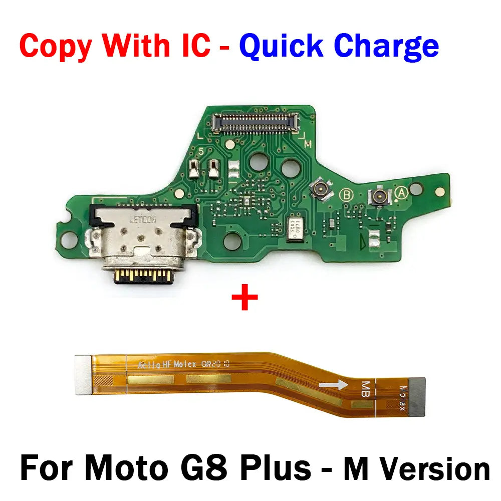 Green circuit board with silver usb-c charging port and gold flex cable designed as a usb charging board for Motorola moto g8 plus m version charging dock.