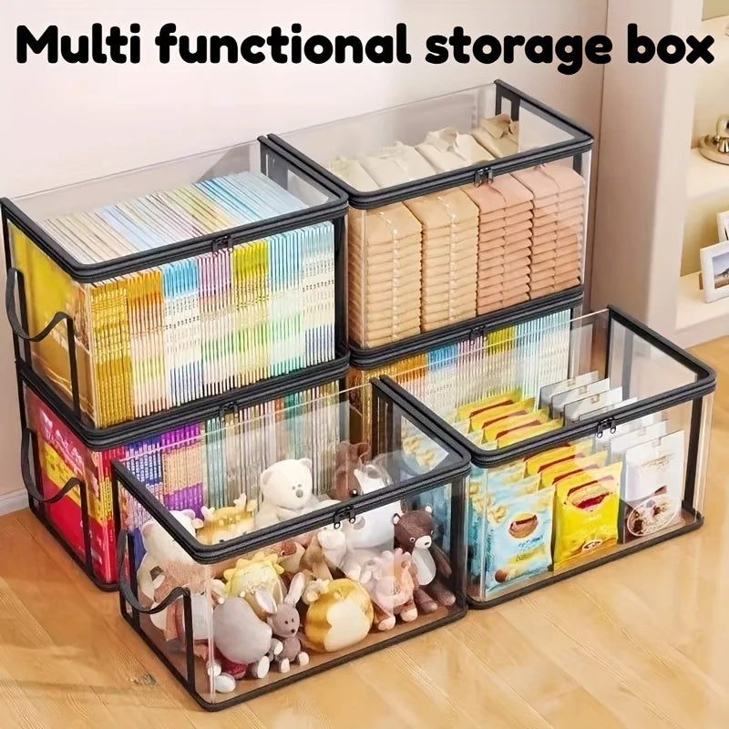 2-Pack Large Transparent Storage Boxes, Foldable and Space-Saving, with Flip Lids. Large Rectangular Organizer Boxes with Front Lids and Covers, Space-Saving Design, Suitable for Books, Clothes, Office, Home, Travel. Durable
