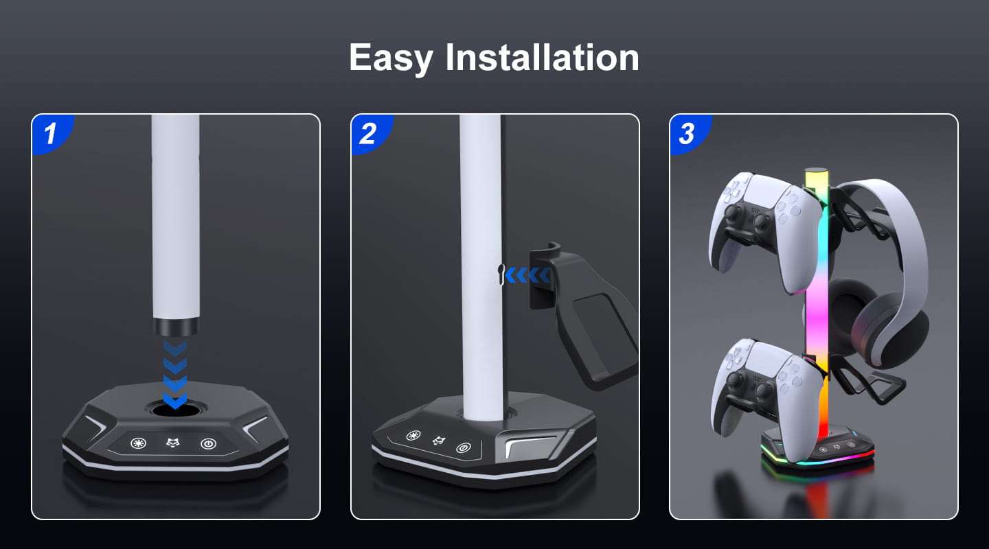 Support de console de jeu noir et blanc avec éclairage RGB, conçu comme un support d’écouteurs RGB et un porte-manette pour PS5 afin d’accueillir deux manettes et un casque.
