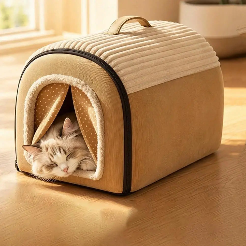 beige corduroy pet bed cave with washable warm cotton house featuring a soft polka-dotted interior lining and a plush handle for comfortable pet use