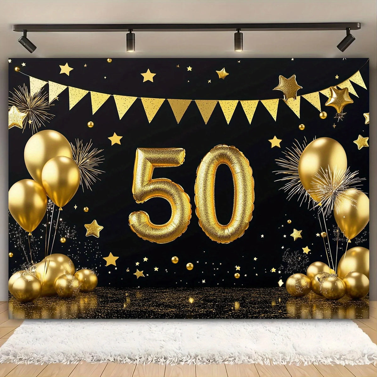 1 50th anniversary celebration banner, - Golden anniversary and birthday party background, photo booth and dessert table