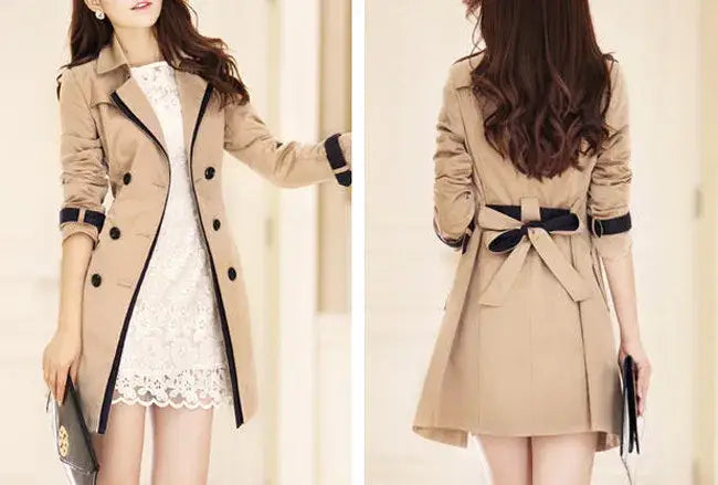 beige long trench coat for women with black trim and belt featuring a classic double-breasted windbreaker design