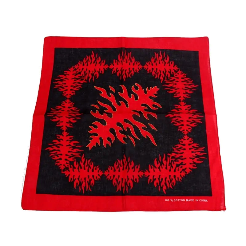 Red and black flame pattern bandana head scarf made of cotton featuring a bold symmetrical design