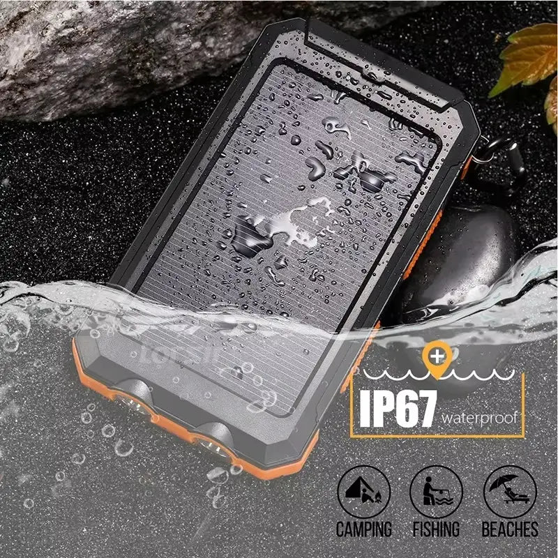Banco de energía solar resistente negro y naranja de 80000 mAh con diseño texturizado resistente al agua para carga rápida y uso al aire libre