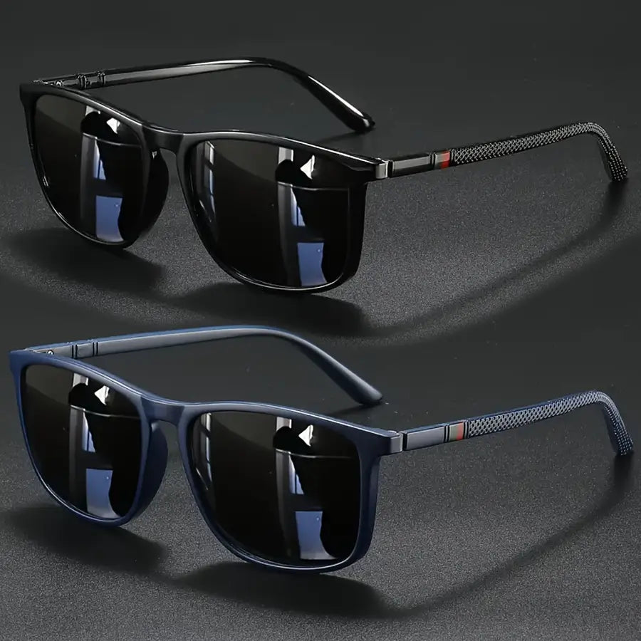 polarized square vintage sunglasses uv400 featuring black and navy blue rectangular frames with dark mirrored lenses and textured temple details