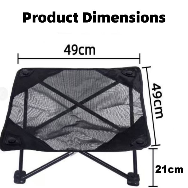 Elevated folding dog cot black mesh pet bed with a 49cm by 49cm black mesh folding camp table top and 21cm height supported by four collapsible metal legs.