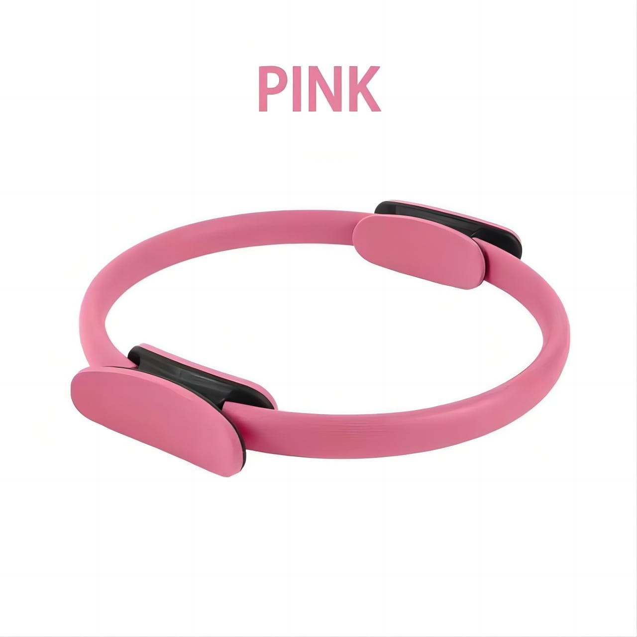 pink pilates ring with black adjustable clamps featured in a 5-piece pilates ring and resistance band set for fitness and strength training.