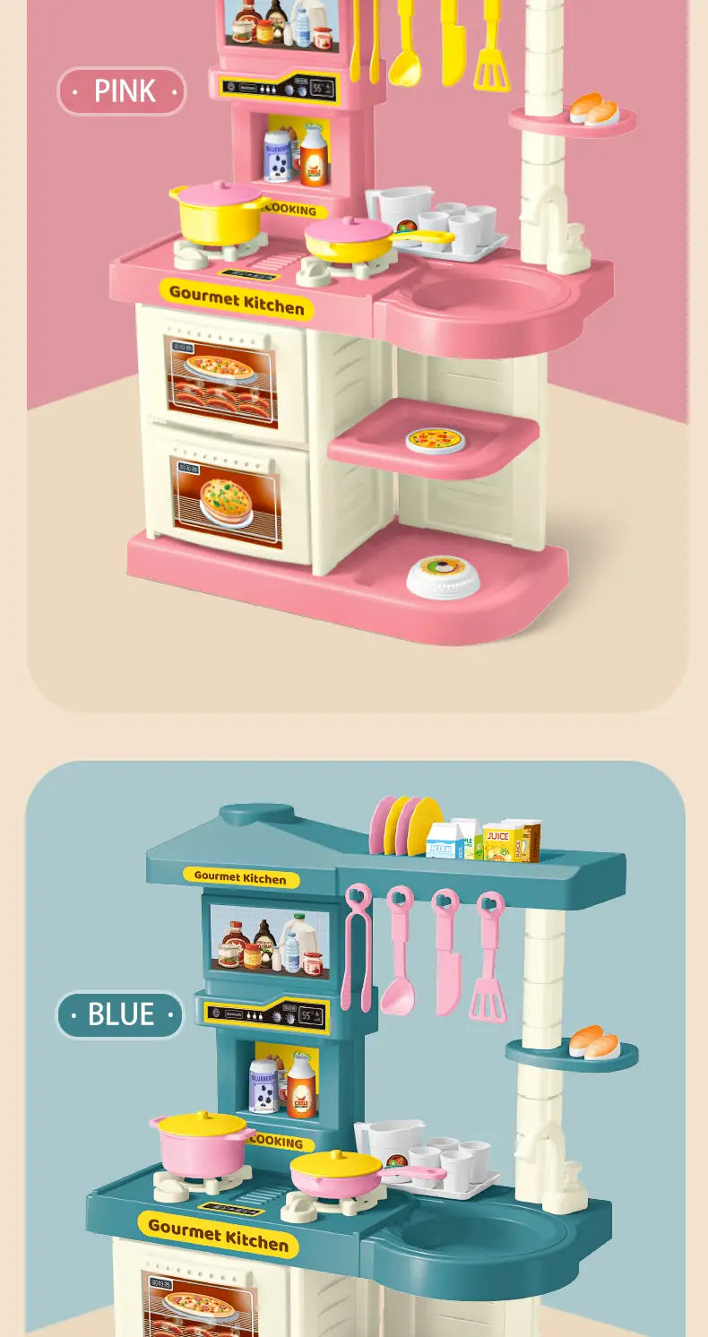 Kinder-Spielküchenzubehörset mit einer rosa-weißen Spielküche aus Kunststoff, die mit „Gourmetküche“ beschriftet ist, mit gelbem Besteck.