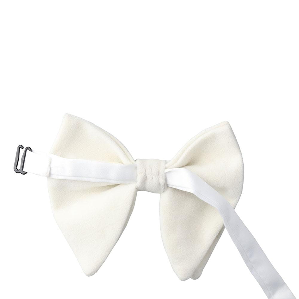 A pristine white satin velvet bow tie with a sleek minimalist design and metallic clasp for formal neckwear and gift purposes.