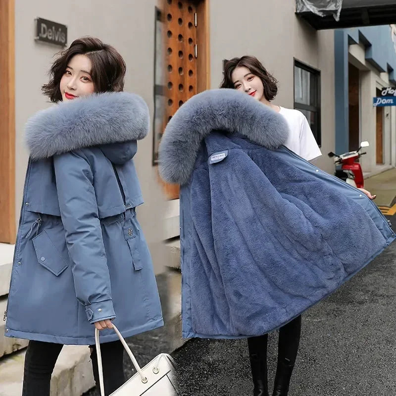 Winter Jacket Women Parka Fashion Long Coat Wool Liner Hooded Parkas Slim With Fur Collar Warm Snow Wear Padded Clothes