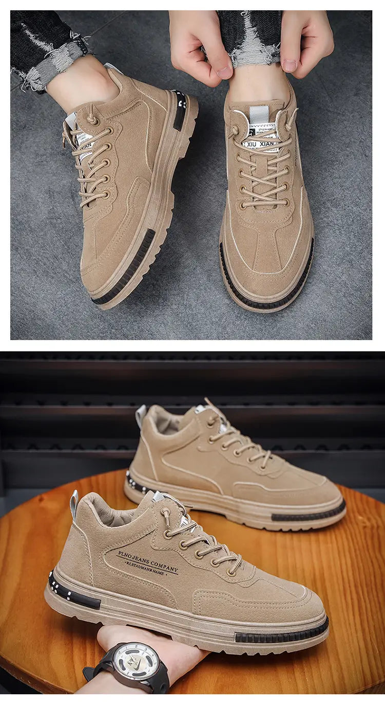 Zapatillas casual para hombre color beige de ante tipo botín alto con suelas de goma negras y calzado de plataforma transpirable, con un logotipo sutil en el lateral.