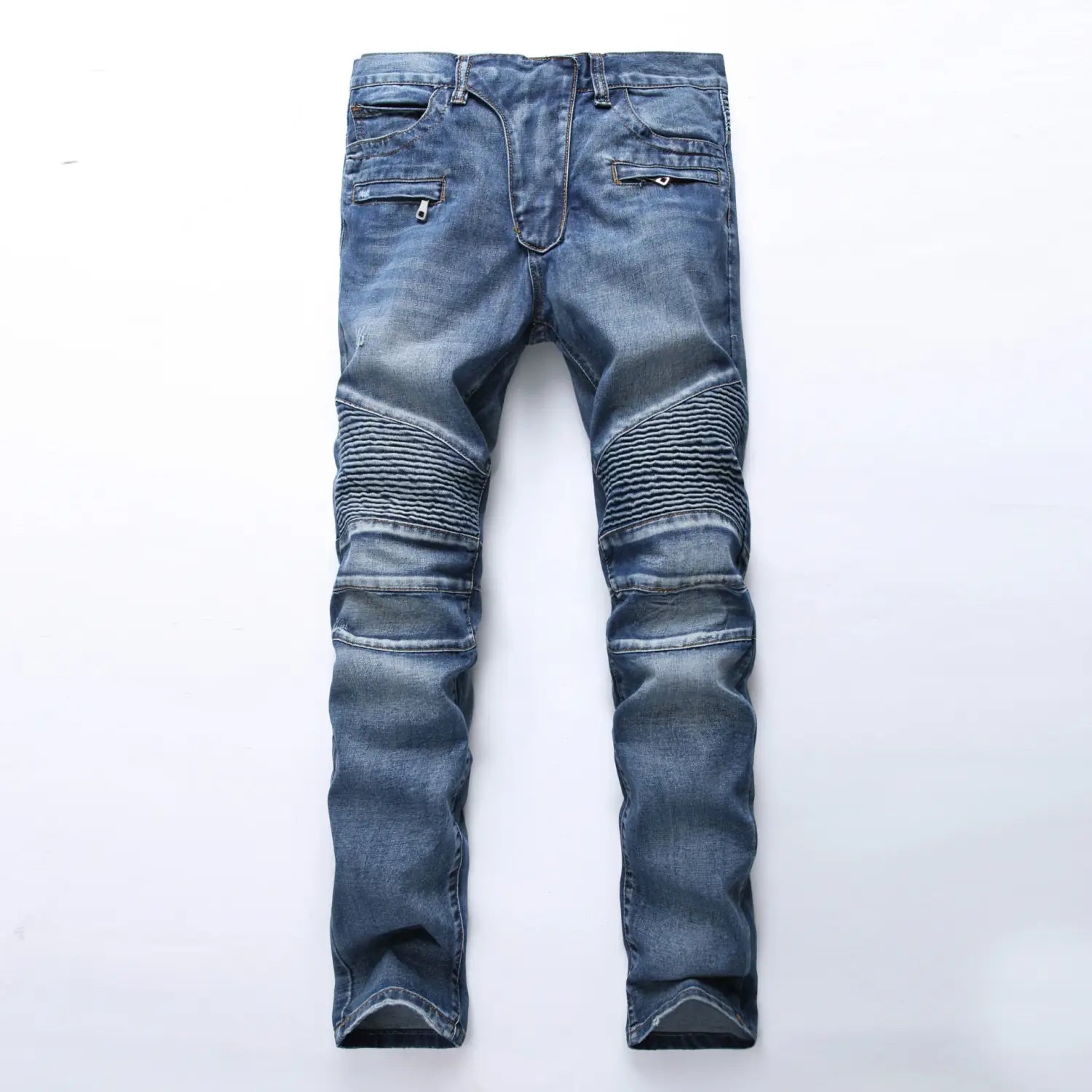 Men’s protective motorcycle denim jeans in blue denim with ribbed reinforced knee panels and zipper pockets.