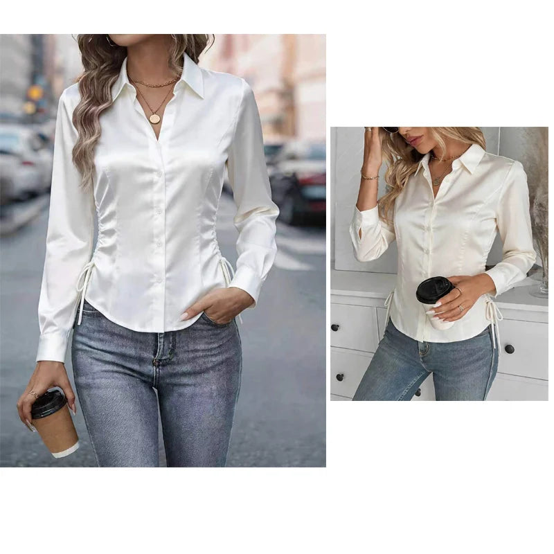 Women Satin Blouse Long Sleeve Turn Down Collar Side Drawstring Ruched Slim Fit Office Casual White Formal Shirt Elegant