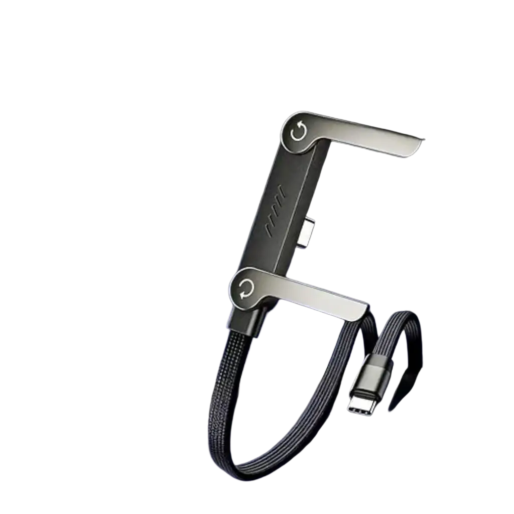 Câble de charge rapide USB-C double port noir et argent, au design tressé, avec fermoir métallique rabattable, présenté sous un angle frontal.