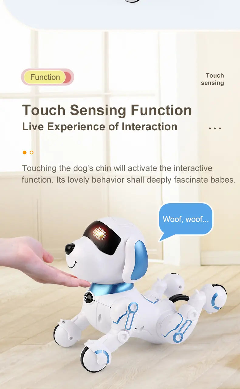 Rc robot dog interactive smart electronic stunt pet is a white and blue robotic dog with glowing led eyes wheeled legs and a sleek futuristic design.