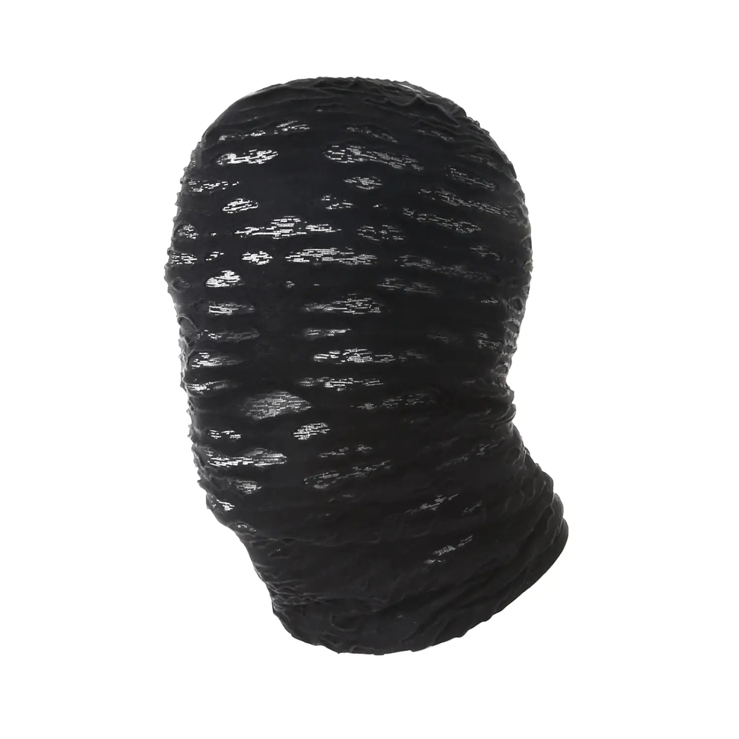 cagoule/mask en résille déchirée noire texturée avec finition à motif brillant, pour un cosplay d’Halloween, style momie à résille déchirée