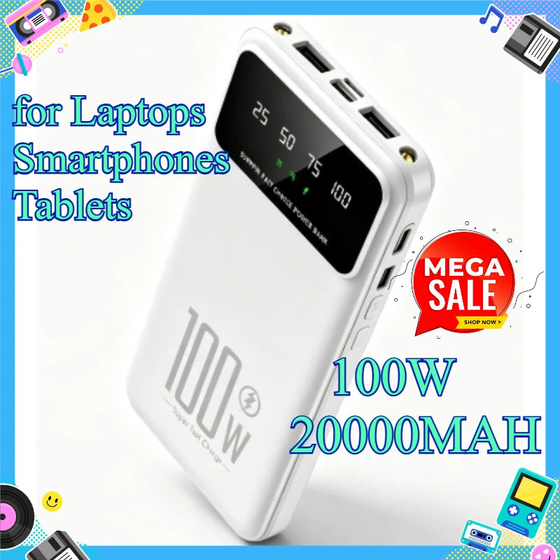 100W Super Fast Charging Power Bank 20000mAh Large Capacity Mobile Power Supply for Laptops Smartphones Tablets
