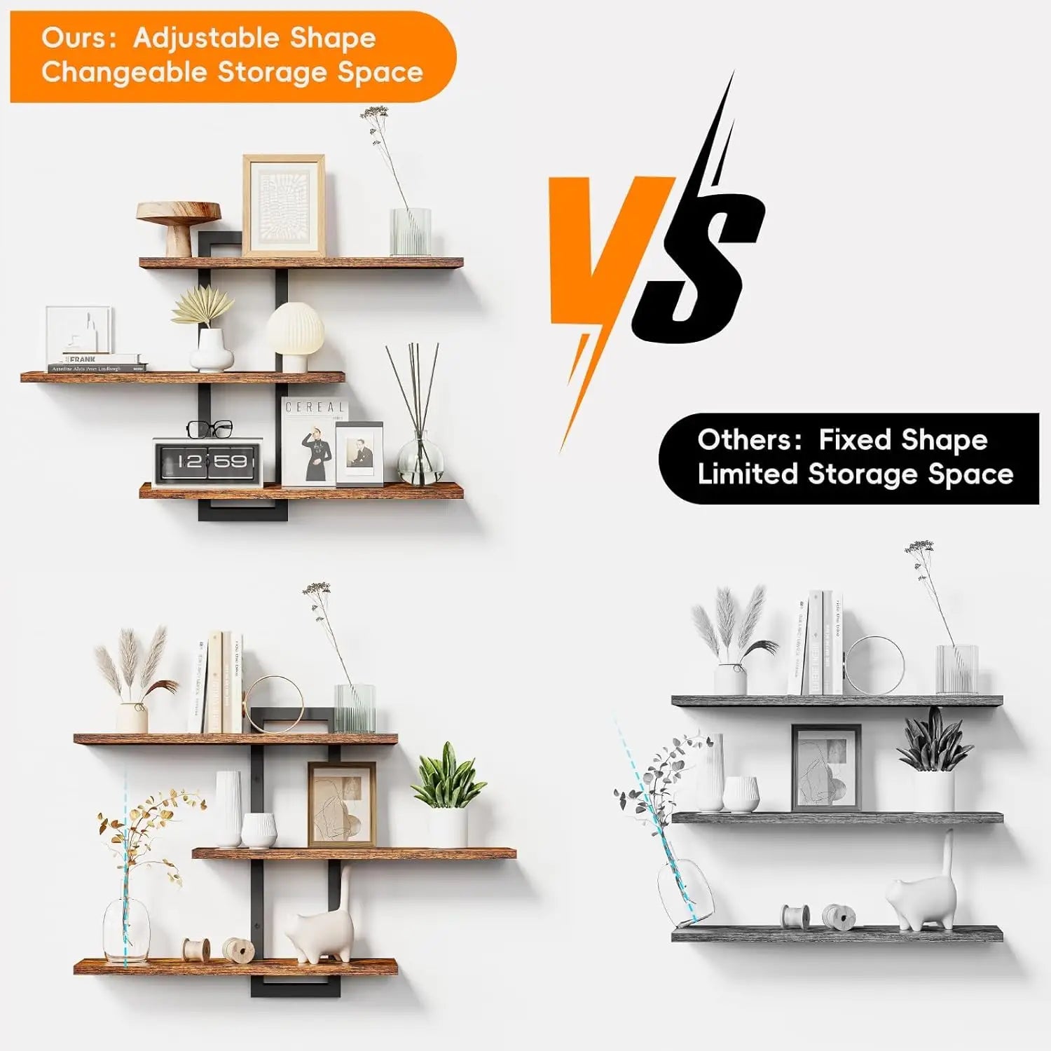 adjustable floating shelves made of wood with black metal brackets and a rustic finish for versatile wall decor and storage solutions