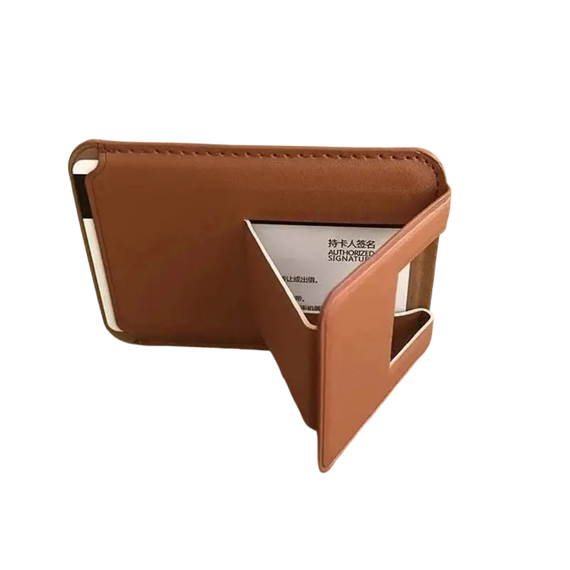 Brown leather minimalist phone card holder case with visible stitching for magnetic phone card stand use