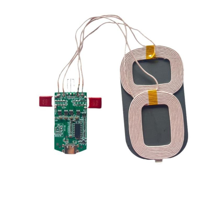 15w dual coil wireless charger pcba module showing the back side with a green circuit board and two beige coiled coils for wireless charging.