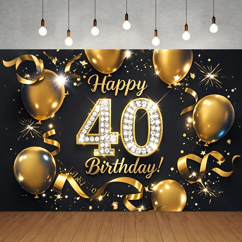 1 40th birthday background cloth - black gold glitter studio background with gold balloons and stars