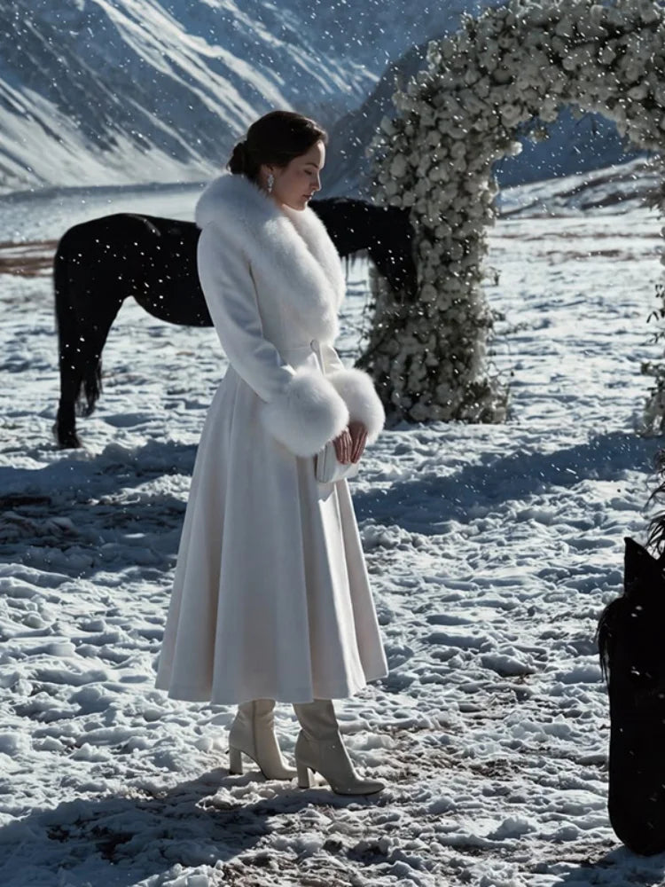 Women Wool Blend Coat Faux Fur Collar And Cuffs Fitted Waist Flared Maxi Silhouette Outerwear Winter Elegant Street Overcoat