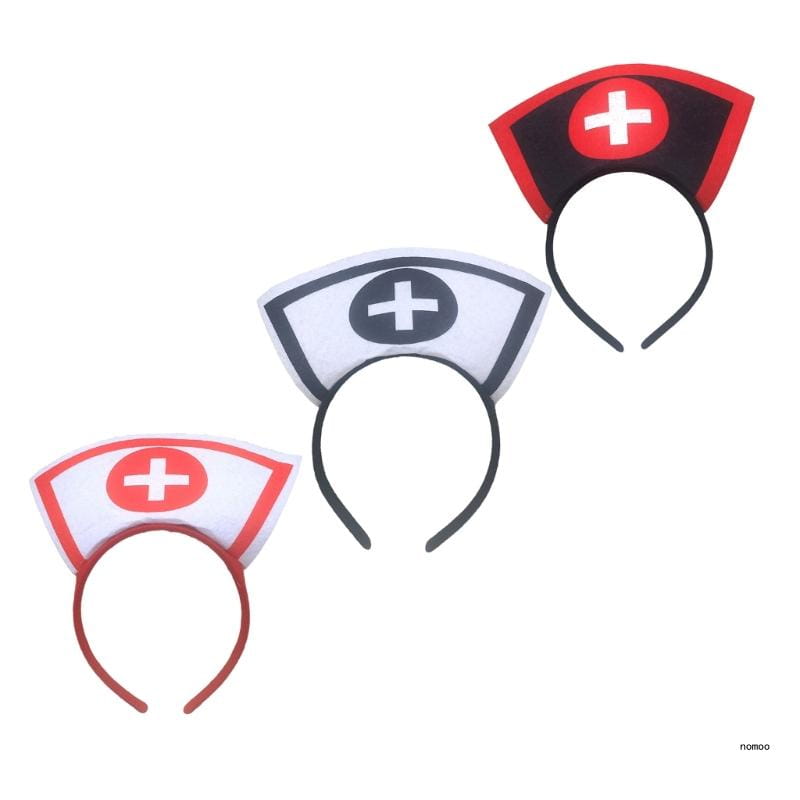 trois bandeaux de costume d’infirmière avec de douces calottes en tissu, des bordures rouges ou noires et des emblèmes de croix blanche à l’avant, pour des accessoires de serre-tête pour cheveux à l’occasion d’Halloween