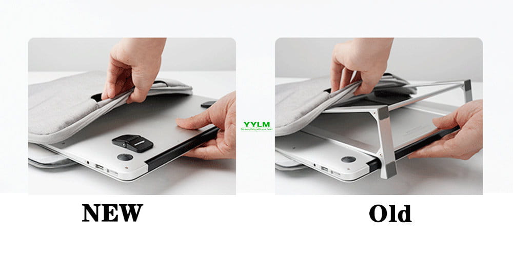 Mini-Laptopständer aus silbernem Aluminium, tragbar und kompakt, mit schlankem minimalistischen Design und stabilem Metallrahmen zur Unterstützung von Computertastaturen.