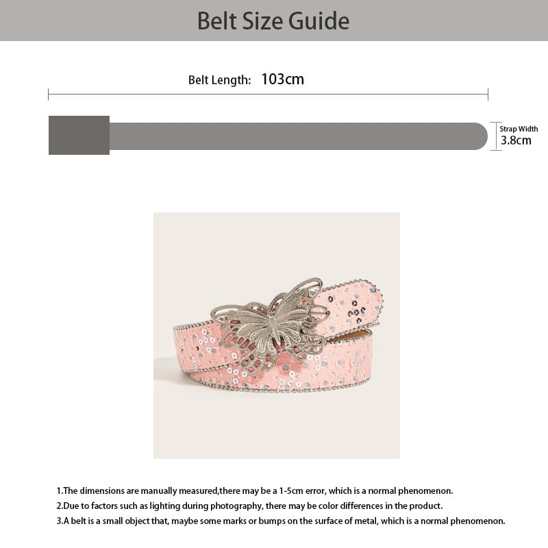 Ceinture en cuir papillon y2k à sequins rose avec boucle papillon argentée, présentée de face.