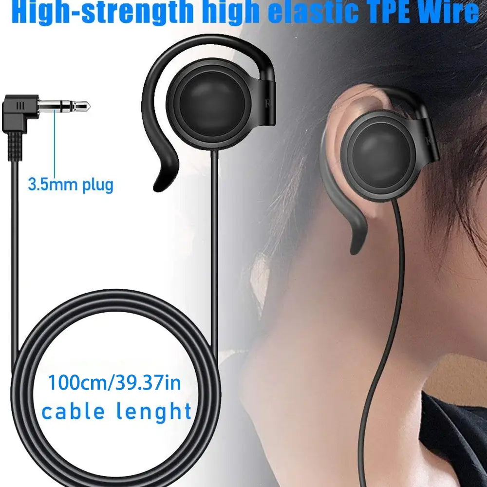 Black single ear hook 3.5mm wired headphone with flexible high-strength elastic TPE wire and secure fit for exercise or sports activities.
