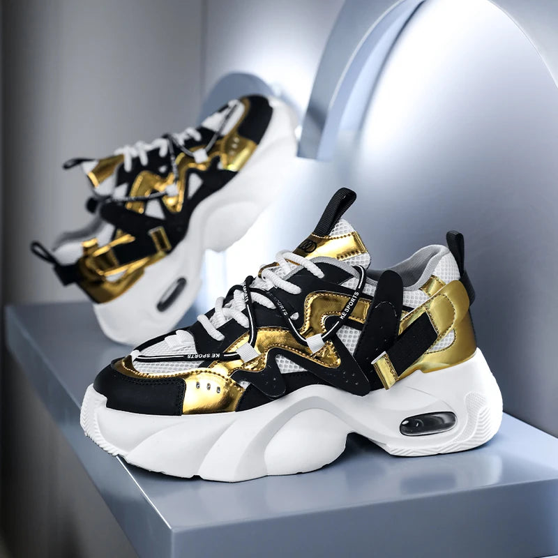 Men's Casual Sneakers with Large Mesh Breathable Upper, Metallic Texture and Contrasting Color Stitching, and Trendy Webbing Accents. Thick Air-Cushioned Soles Provide Both Height Increase and Shock Absorption, Making Them Su