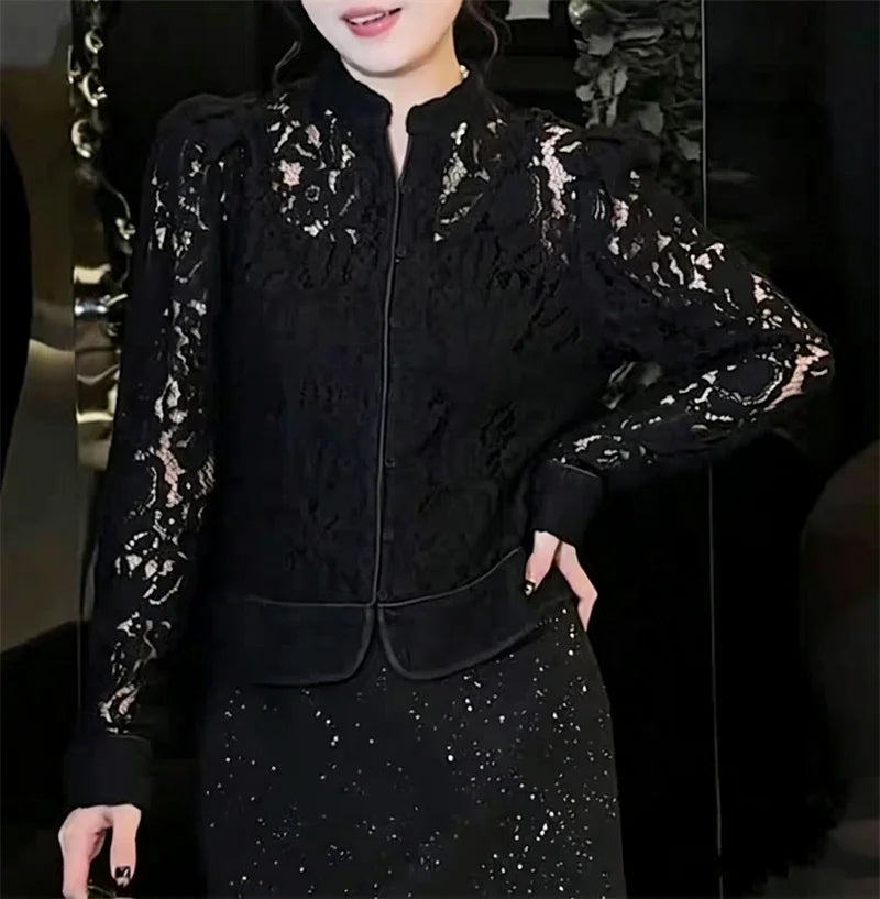 Guobioziy Women's Top 2026 Early Autumn New Arrival European and American Style Fashionable Elegant Lace Slim Blazer