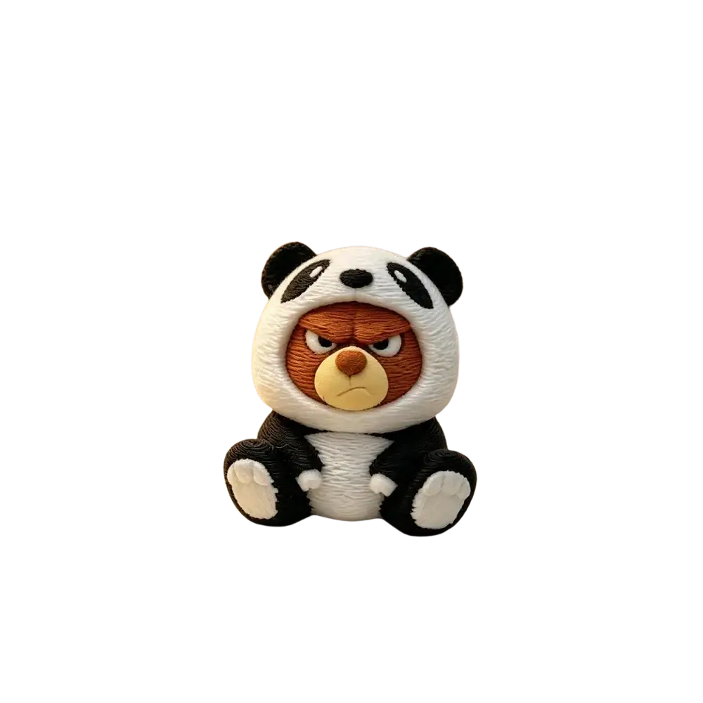 A front view of a 3d printing bear figurine wearing a textured black and white panda jacket with an orange hood