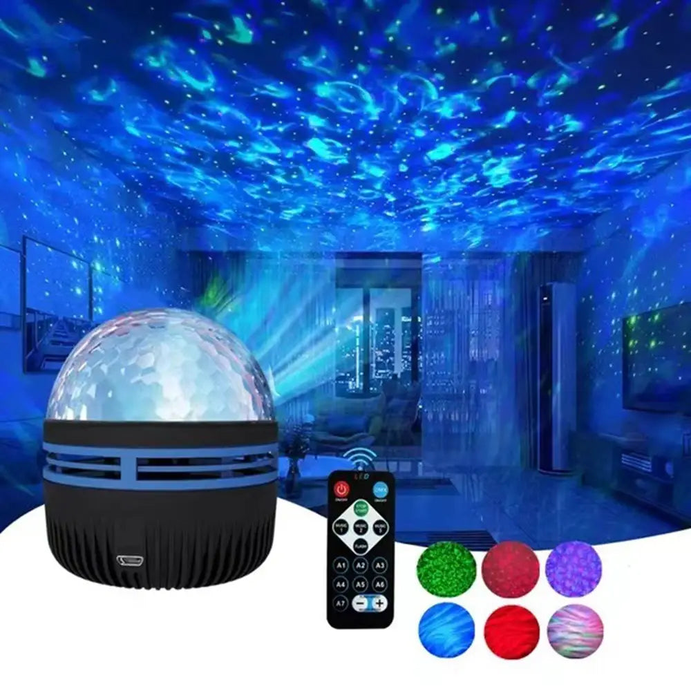 lampe de projection du ciel nocturne étoilé bleu avec dôme facetté transparent et base noire, dotée d’une télécommande, pour une utilisation comme veilleuse à DEL.