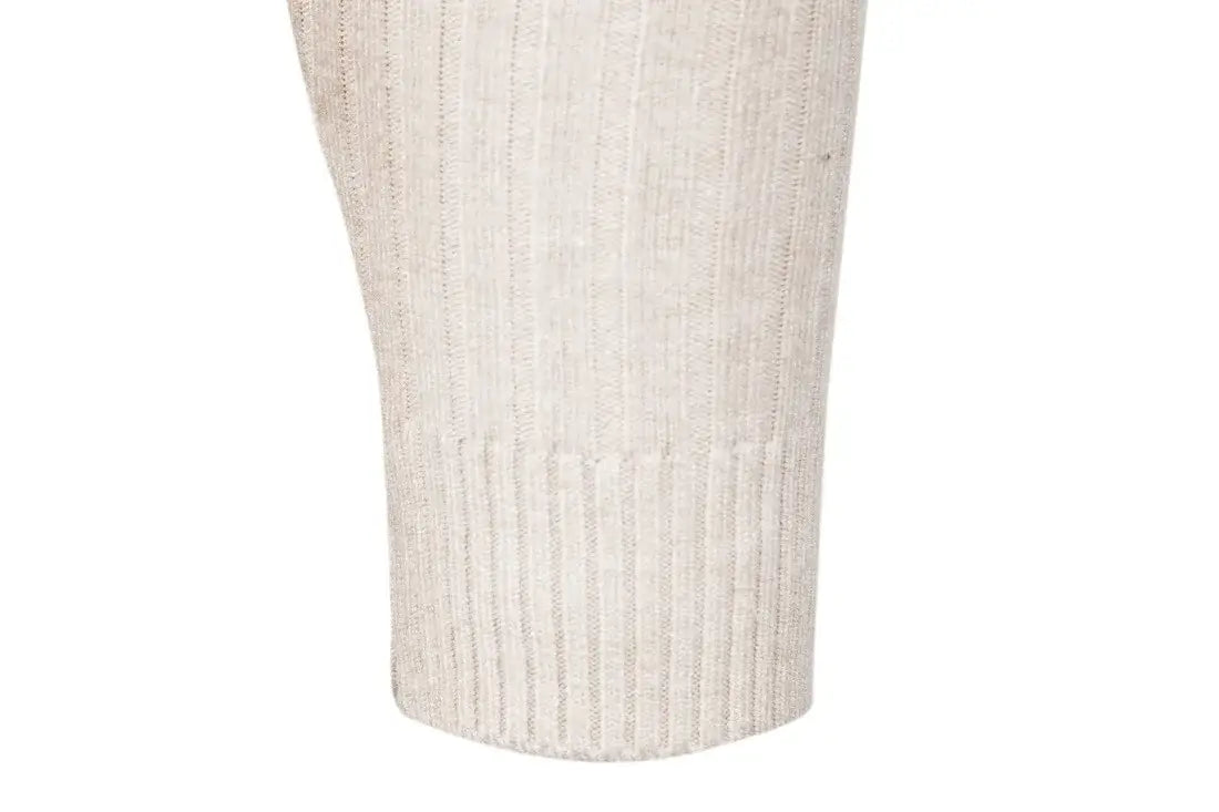 beige ribbed knit pant leg shown with mens cable knit turtleneck pullover sweater highlighting complementary knit textures and neutral colors
