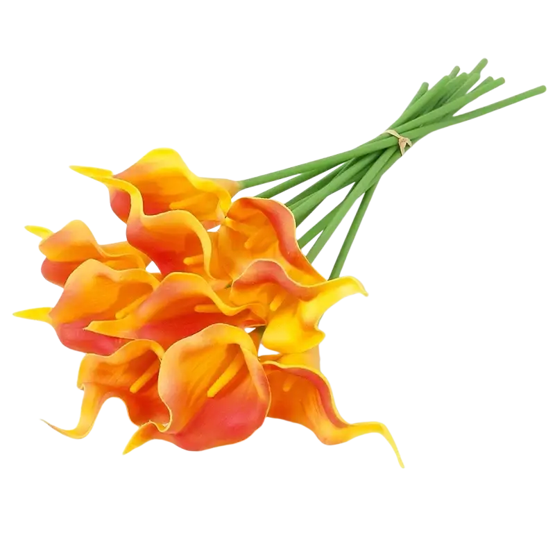 A vibrant flower bouquet of artificial orange and yellow calla lilies with green stems tied together front view