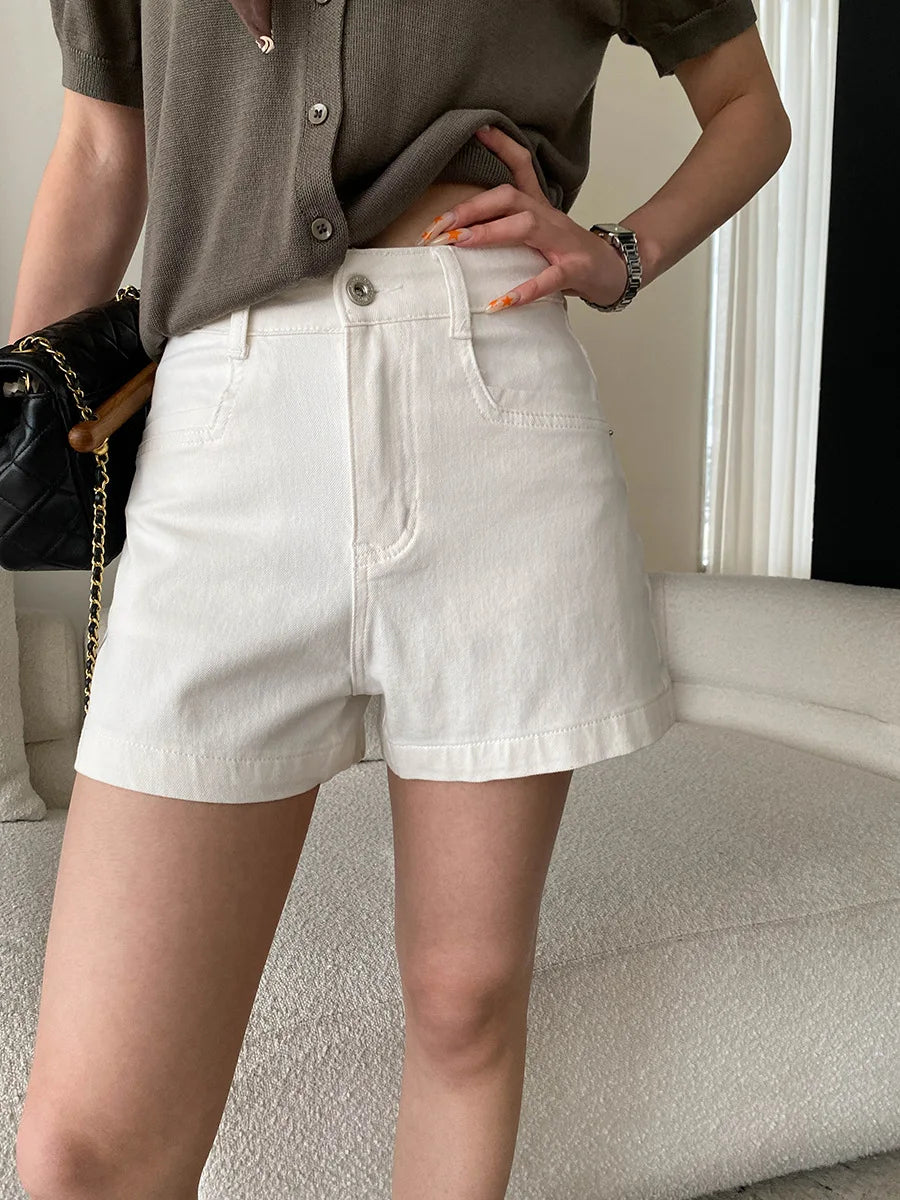 Summer women's casual solid color high waist loose A-line wide leg denim shorts