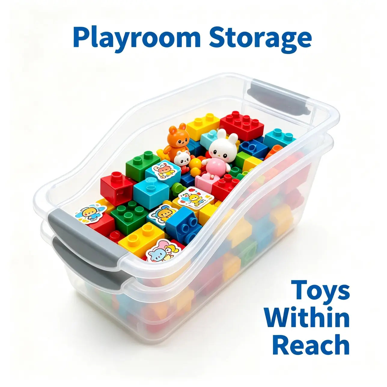 Clear plastic storage box with gray lid set containing colorful building blocks and small toy figures inside a clear plastic bin with gray handles