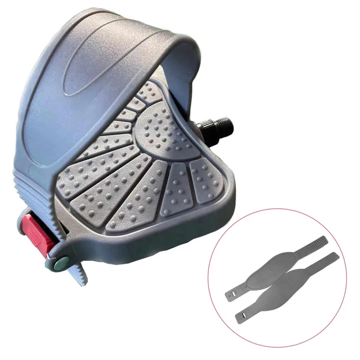 Pédale de vélo d’exercice en plastique gris avec surface antidérapante texturée et levier de réglage rouge, pour sangles de pédale réglables à remplacer