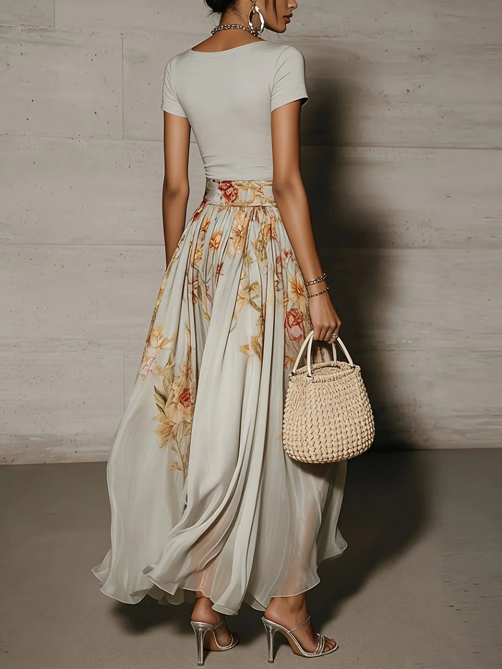 Chic Women Maxi Dress 2 Pieces Sets Solid Slim Fit V Neck Short Sleeved Top with Flower Printed High Waisted Chiffon Long Skirts