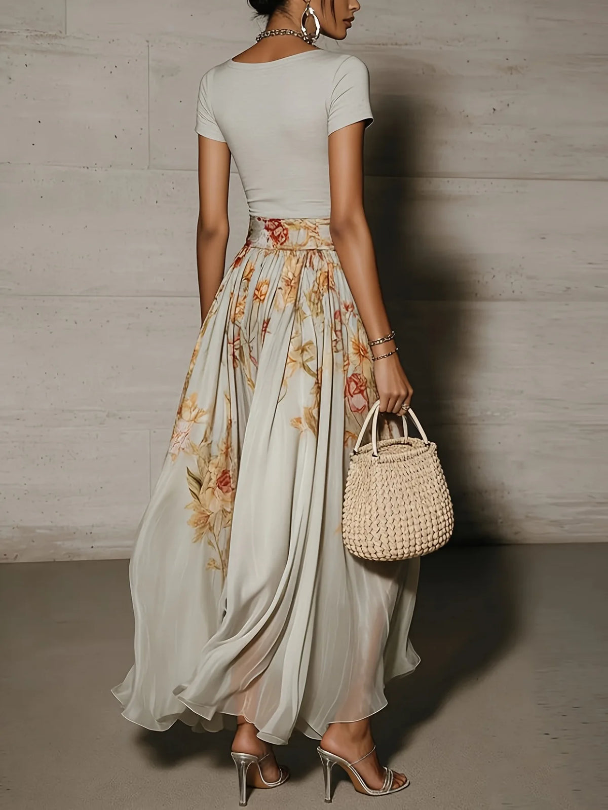 Chic Women Maxi Dress 2 Pieces Sets Solid Slim Fit V Neck Short Sleeved Top with Flower Printed High Waisted Chiffon Long Skirts