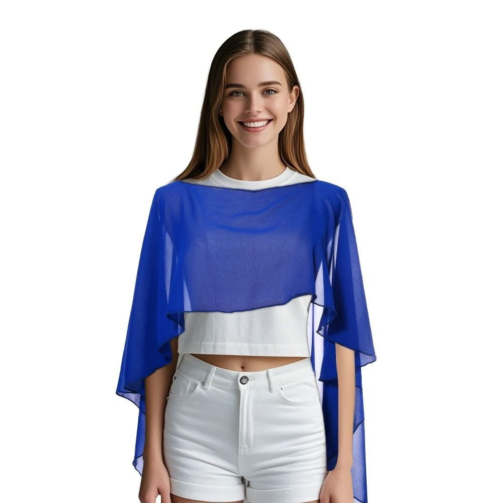 Eine transparente königsblaue Chiffon-Cape-ähnliche Hochzeitscape-Sonnenschutz-Wickelshawl, kombiniert mit einem weißen, kurzen Unterhemd