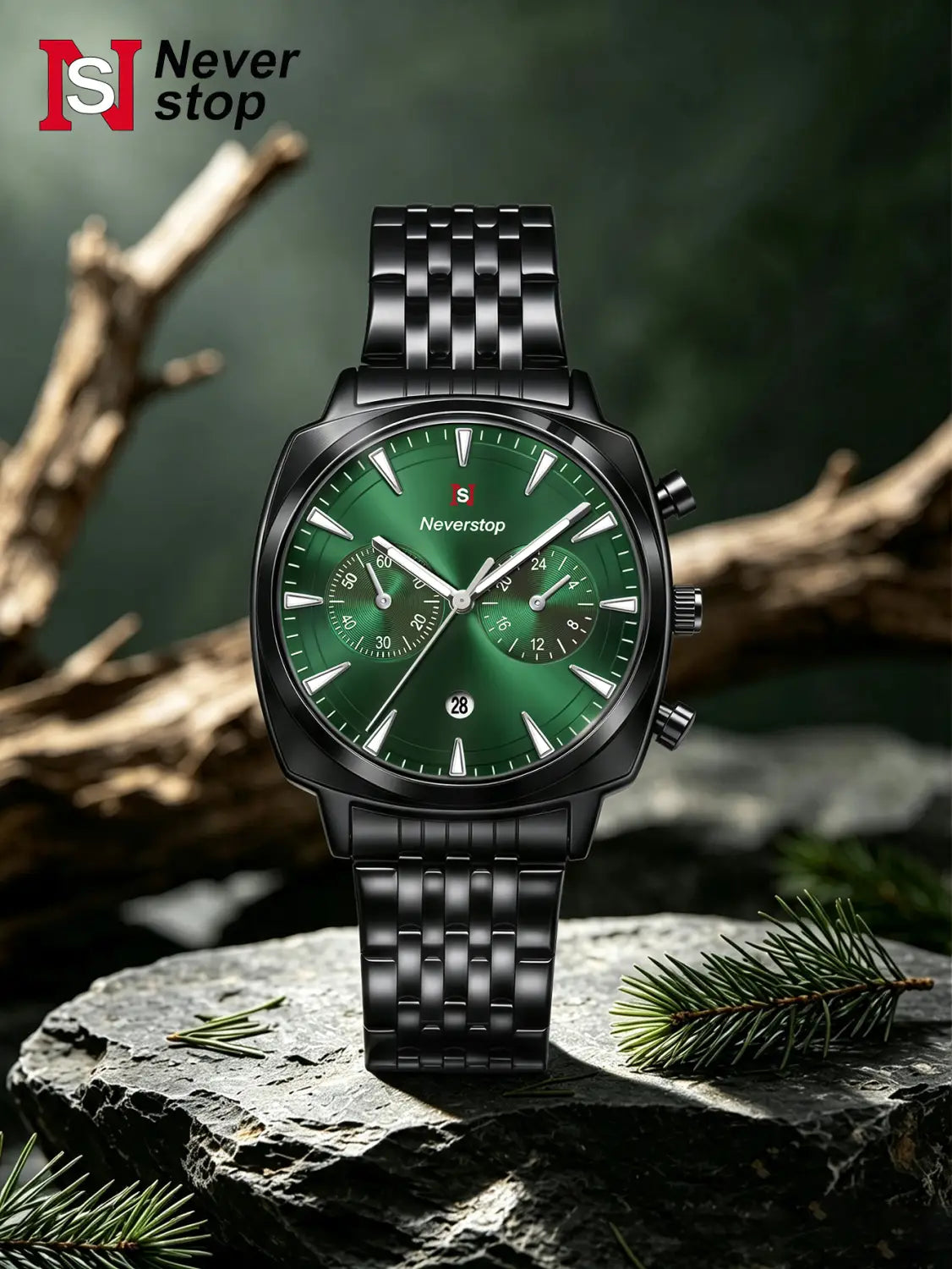 Men’s stainless steel chronograph watch with black stainless steel case, vibrant green dial, silver-toned hands, three subdials, and neverstop brand logo.