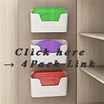 grille de rangement murale blanche en plastique, à trois compartiments, avec des couvercles colorés vert, violet et rouge, conçue pour être utilisée comme caractéristique d’organisateur d’évier.