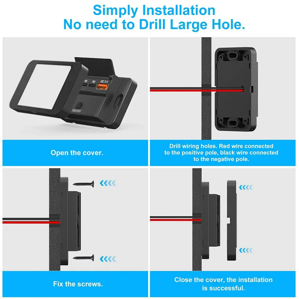 Schwarzer, wandmontierter Kunststoff-12-V-24-V-USB-C-Kfz-Ladeanschluss mit PD-QC3.0 und integriertem Netzschalter in einem rechteckigen Design.
