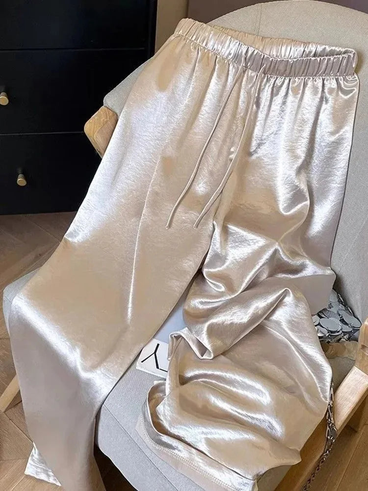 Chic Satin Wide Leg Pant Women High Waist Sweet Fashion Elegant Trousers Summer Loose Korean Casual Female Soft Lace Up Pants