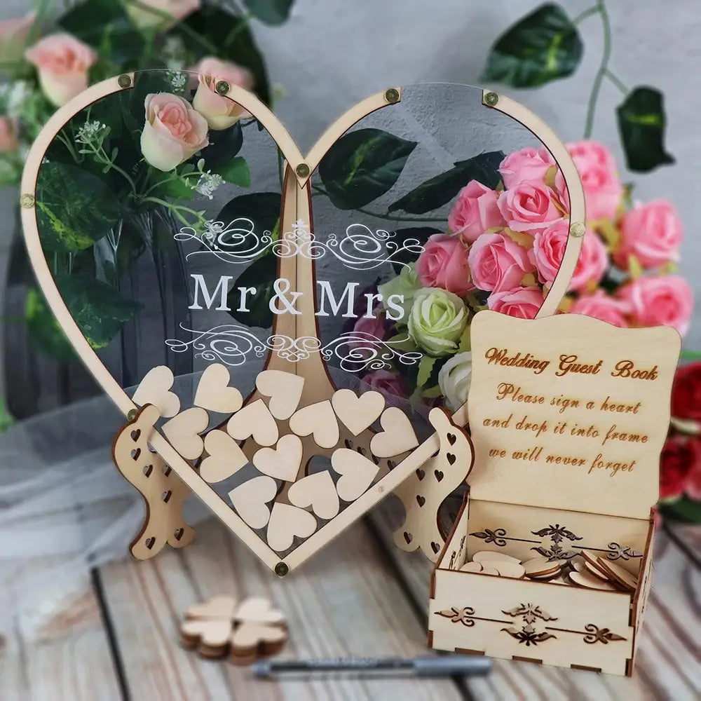 Boîte de dépôt pour livre d’or de mariage en bois, avec un cadre en bois en forme de cœur gravé « Mr » et « Mrs » et des cœurs décoratifs découpés au laser, accompagnée d’une boîte assortie permettant de ranger des jetons de cœur signés.