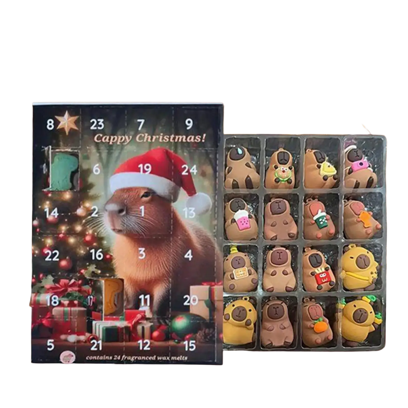 Vista frontal de un calendario de cuenta atrás de capibaras encantadoras con 24 puertas numeradas, que incluye coloridas figuritas de capibara y pastillas de cera aromatizadas en un diseño festivo.