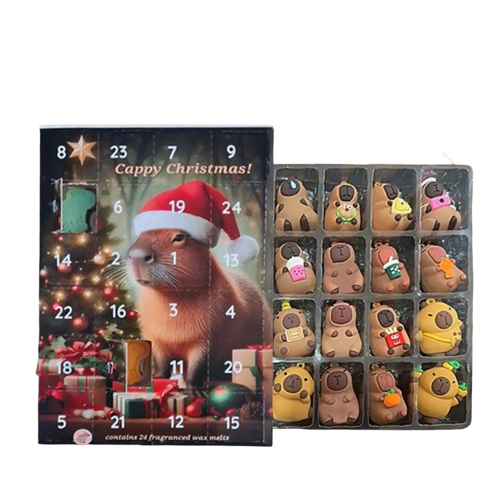 Front view of capybara advent calendar with 24 fragranced wax melts and cute capybara figurines for countdown calendar